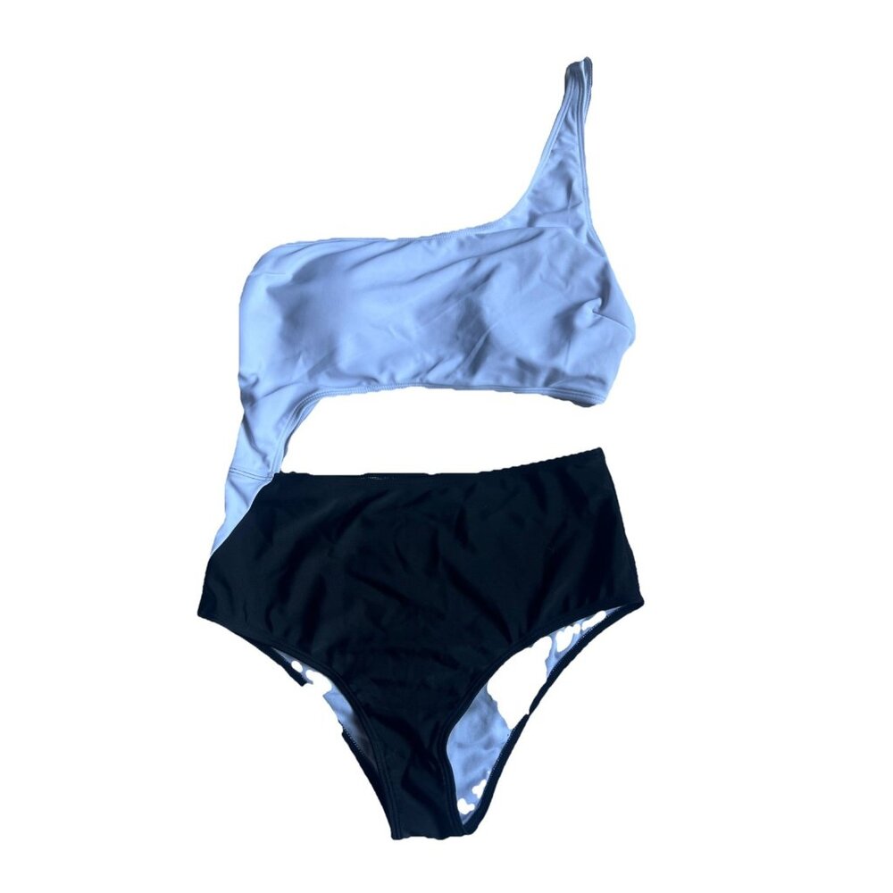 Women's high cut cut out one pc bathing suit swim suit size L white black color